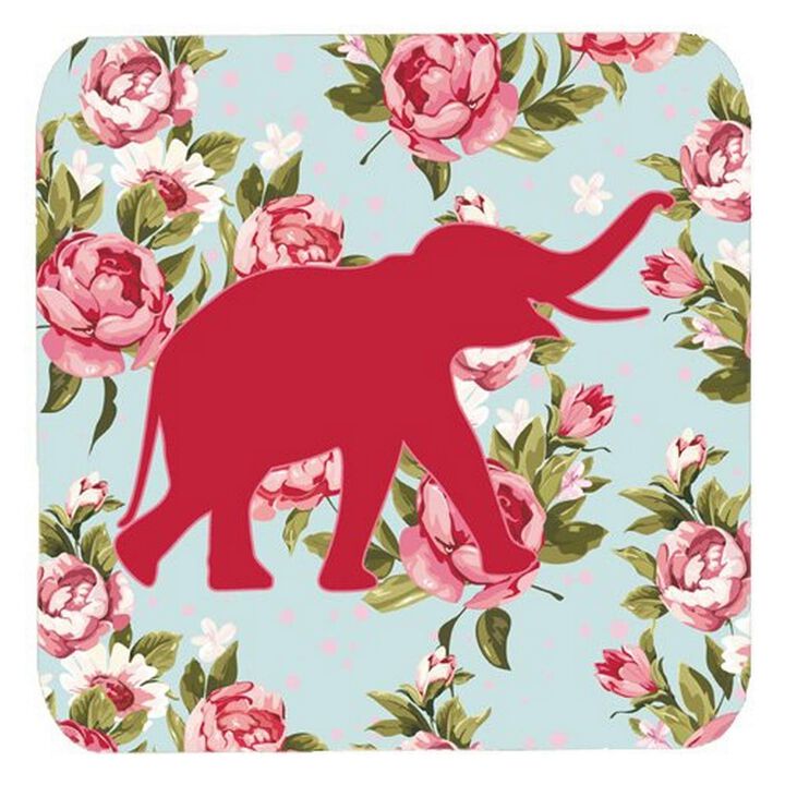 Caroline's Treasures BB1011-RS-BU-FC Elephant Shabby Chic Blue Roses Foam Coasters (Set of 4), 3.5 H x 3.5 W, Multicolor