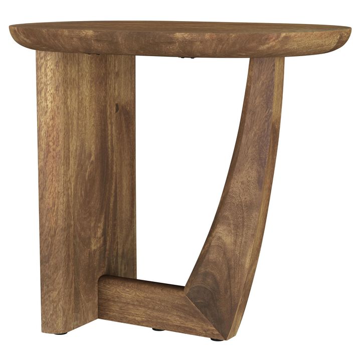 Leti Side End Table, 22 Inch Brown Mango Wood Top, L Shaped Base - Benzara