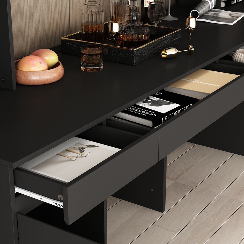 90.6 in. W Black Wood Computer Gaming Desk Home Office Desk, with 82.7 in. H Bookshelf, LED Lights, Drawers, Cabinets