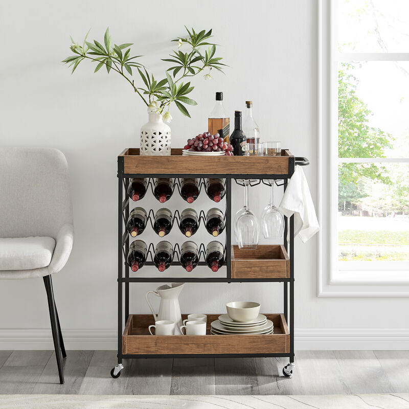 Rustic Walnut Veneer and Metal Rolling Farmhouse Wine Bar Cart with Wine Bottle and Glass Rack