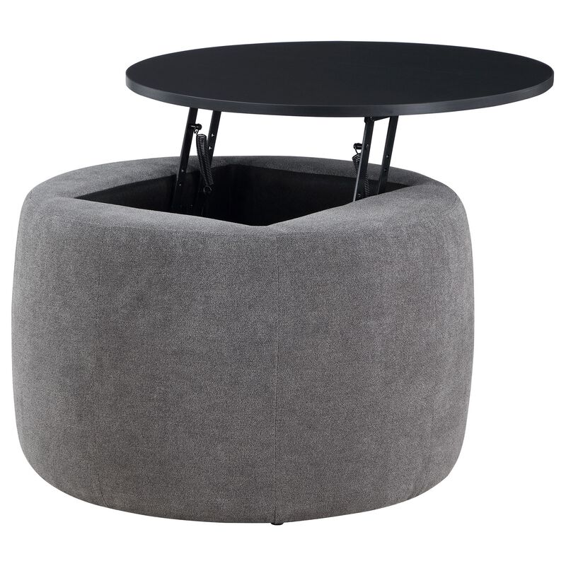 Soi 30 Inch Storage Ottoman table, Black Round Top Lift, Gray Chenille  - Benzara