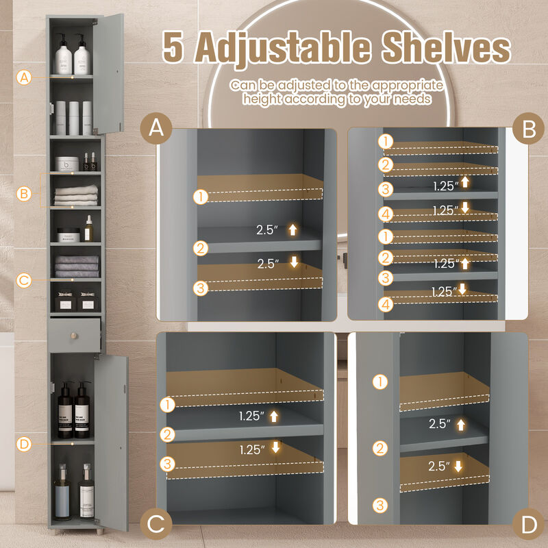 Freestanding Slim Bathroom Cabinet with Drawer and Adjustable Shelves
