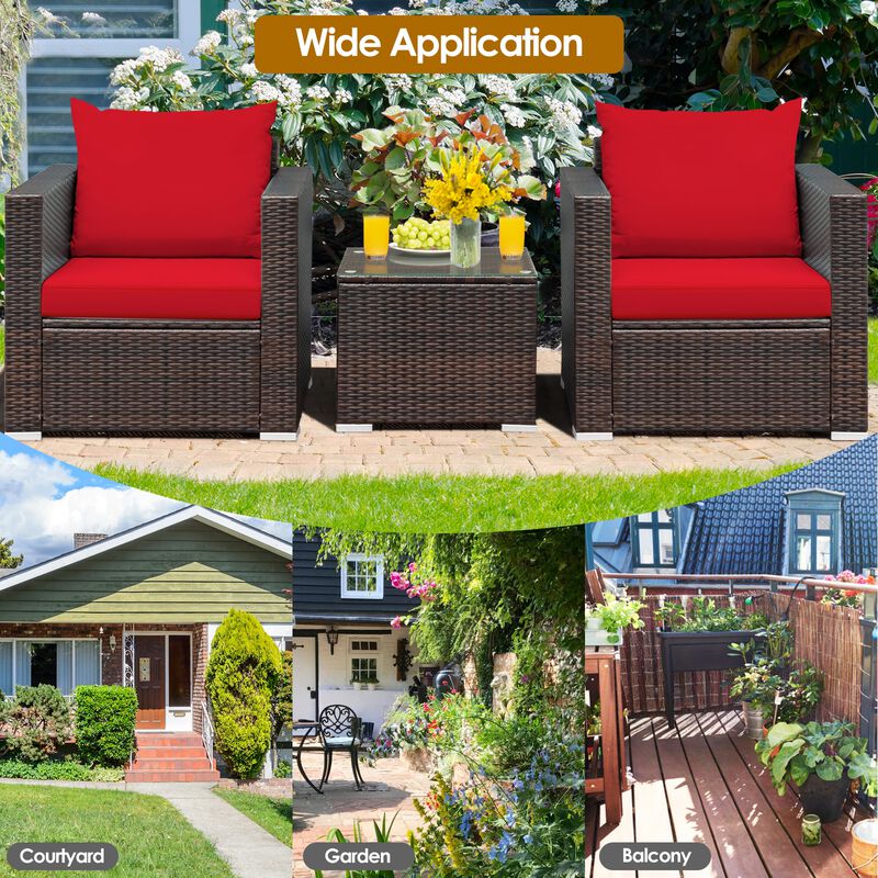 3 Pieces Patio Conversation Rattan Furniture Set with Cushion