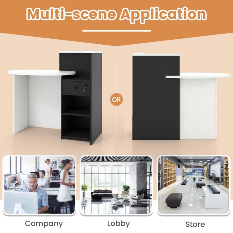 Front Reception Office Desk with Open Shelf and Storage Drawer for Organized Workspace