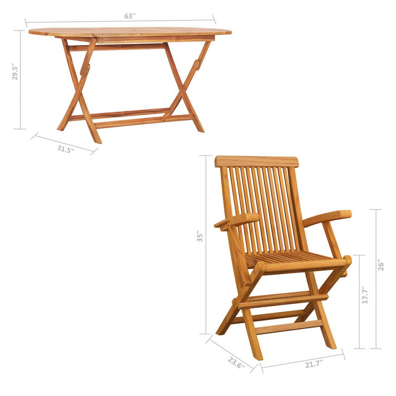 Sam 9pc Outdoor Dining Table Set, 8 Folding Chairs, Brown Teak Wood - Benzara