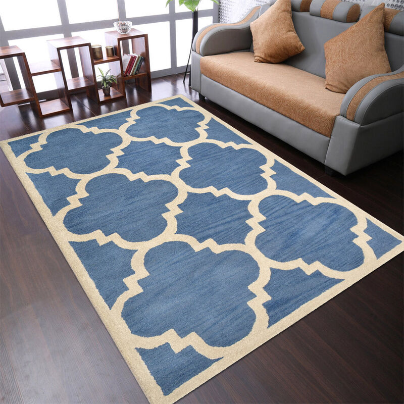 RUGSOTIC CARPETS HAND TUFTED WOOL ECO-FRIENDLY AREA RUGS - 5'x8', Rectangle Shape, Blue & Beige, Geometric Modern Design, High Pile Handmade Anti Skid Area Rugs for Living Room, Bed Room (K00231)