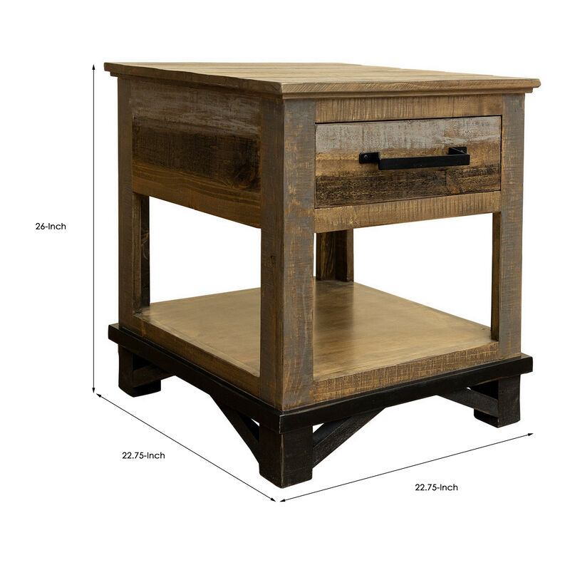 Peya 26 Inch Side End Table, Shelf, 1 Drawer, Distressed Gray, Brown Wood -Benzara