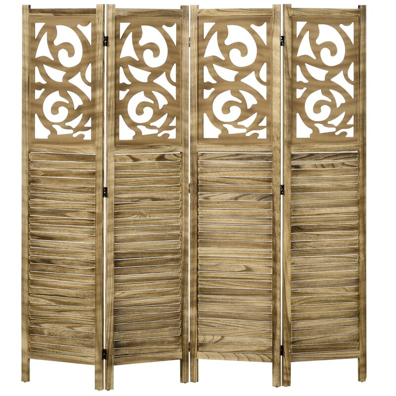 Brown Room Separator: 4-Panel Wooden Privacy Screen for Home Office