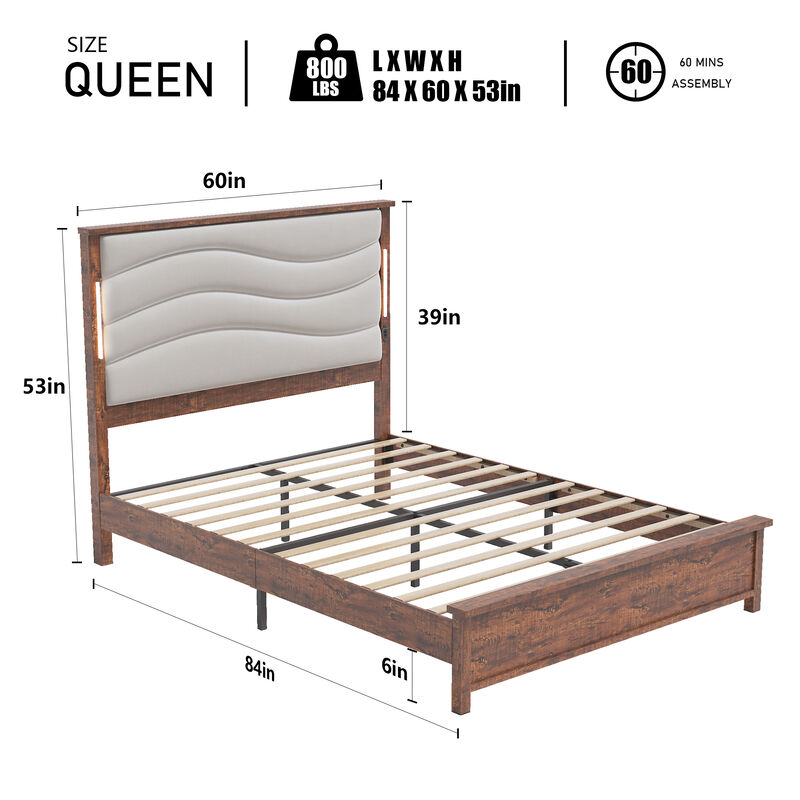 Bed Frame with Upholstered Headboard, Bed Frame with Charging Station and LED Lights, Wood Slats, Beige Linen, No Box Spring Needed, Easy Assembly