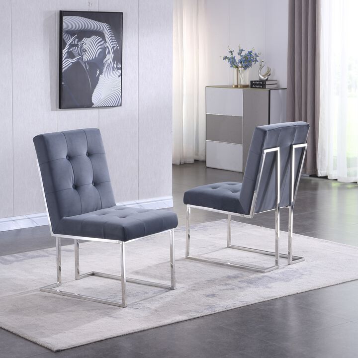 Modern Velvet Dining Chair Set Of 2, Tufted Design And Silver Finish Stainless Base