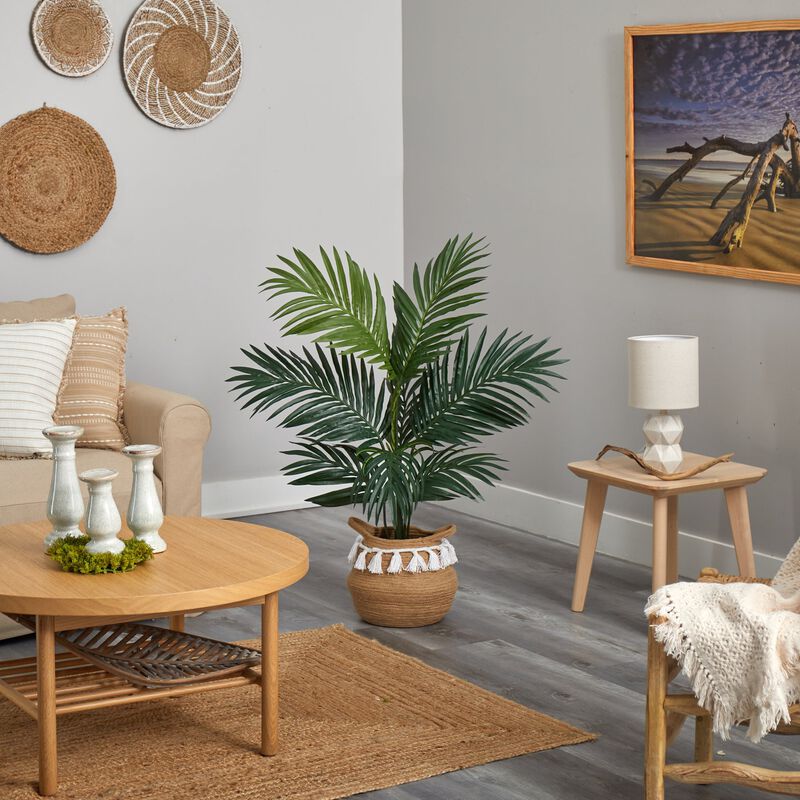 Hivvago 4 Feet Kentia Palm Artificial Tree in Boho Chic Handmade Natural Cotton Woven Planter with Tassels