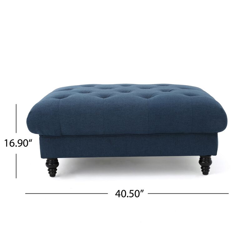Capri Ottoman, Tufted Navy Blue Fabric, Birch Wood, Square 41 Inch -Benzara