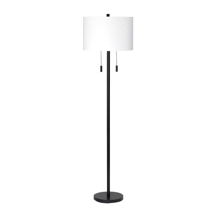 Floor Lamp with Drum Shade and Pull Chain, White and Black-Benzara