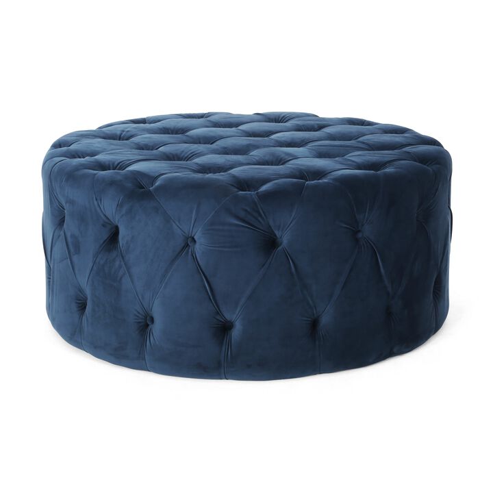Vivan Ottoman, Tufted Blue Velvet, Soft Cushions, Round 40 Inch Top - Benzara
