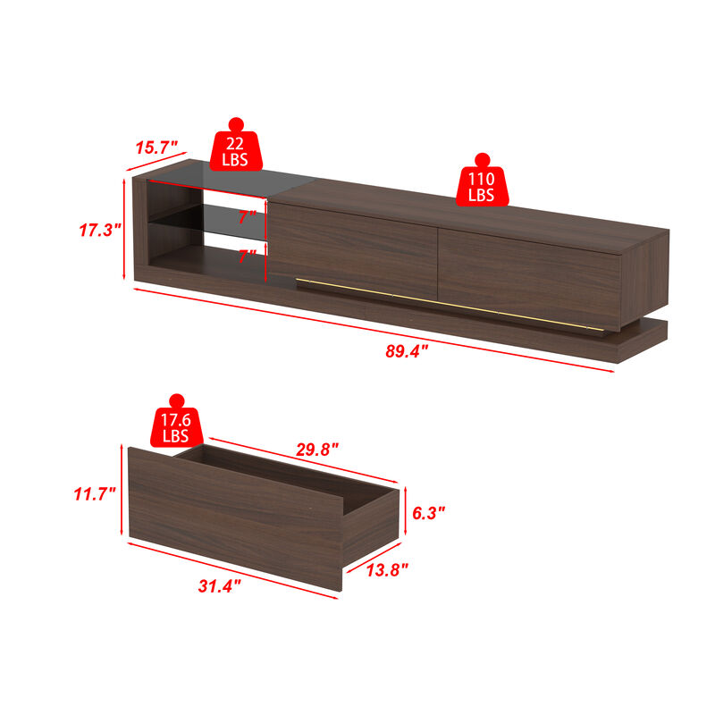 FUFU&GAGA Wood Veneer Glass TV Cabinet, MDF with Gray Tempered Glass, LED Strip Design, Modern Minimalist Style, (89.4 " W x 15.7" D x17.3" H), Walnut
