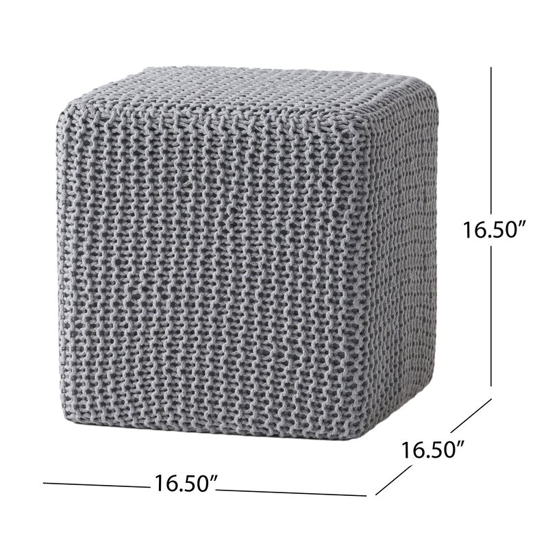 Square Knitted Footstool Ottoman, Handwoven Design 17 Inch Gray Cotton - Benzara