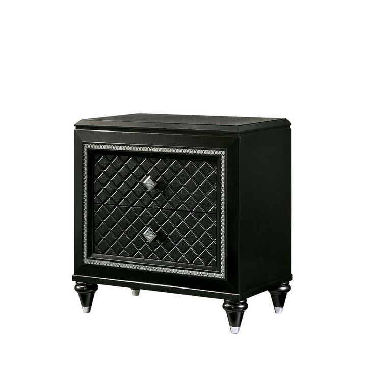 Two Drawer Solid Wood Nightstand with Turned Legs, Gray and Silver-Benzara
