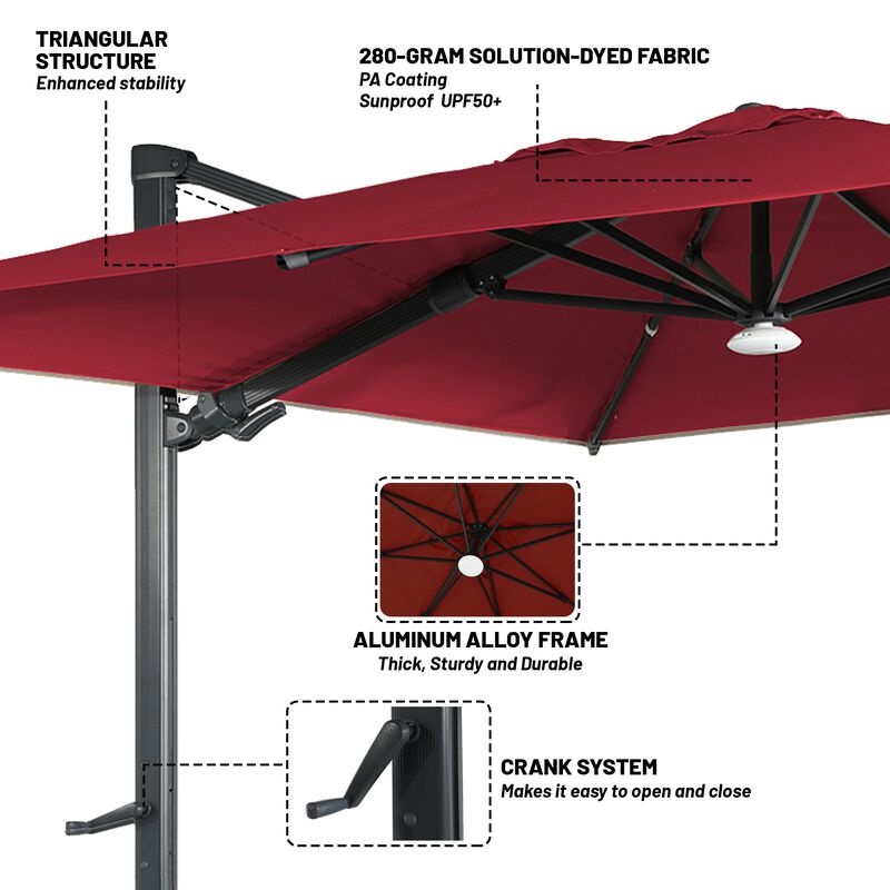 10 ft 360° Rotation Square Cantilever Patio Umbrella with BaseandBT in Red