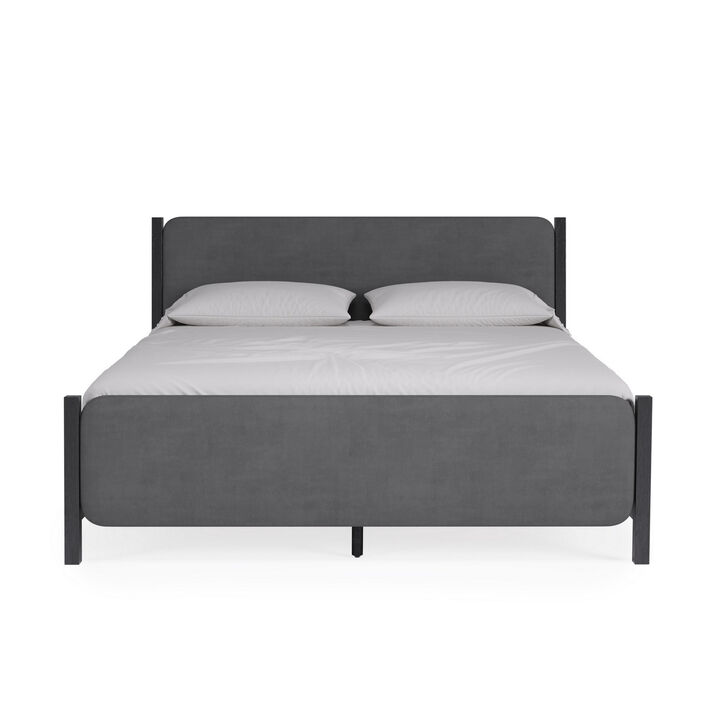 Cave Queen Bed, Velvet Upholstery, Squared Posts, Dark Gray Mahogany Wood - Benzara