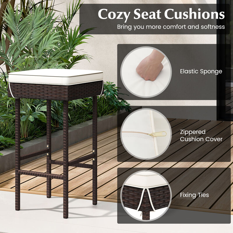 Patio Rattan Barstools Set of 2 with Footrest and Soft Cushions for Backyard Balcony