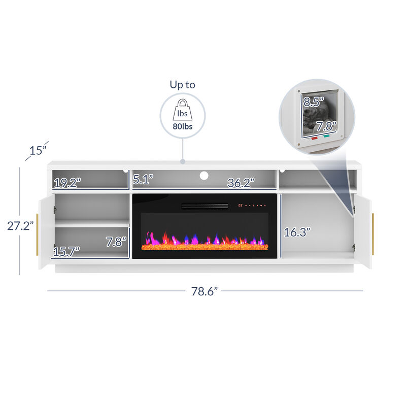 BELLEZE 79" Fireplace TV Stand for TVs Up to 85" With Cat Litter Box, LED Light Entertainment Center with Storage and 36" Electric Fireplace Heater, Large Media Console Table for Living Room, White