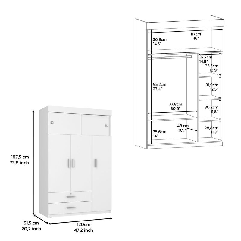 DEPOT E-SHOP Indiana Armoire, Three Door Cabinet, Two Drawers, Metal Hardware, Rod, White