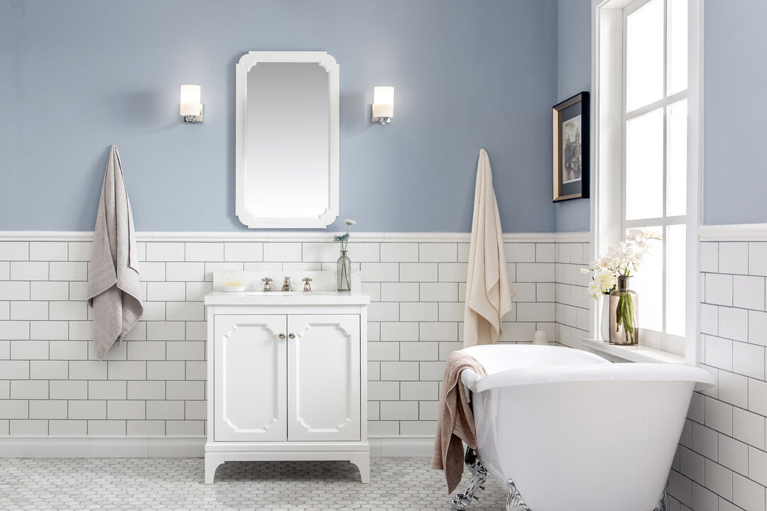 Queen 30 In. Single Sink Sink Carrara Quartz Countertop Bath Vanity in Pure White with Polished Nickel (PVD) Hardware