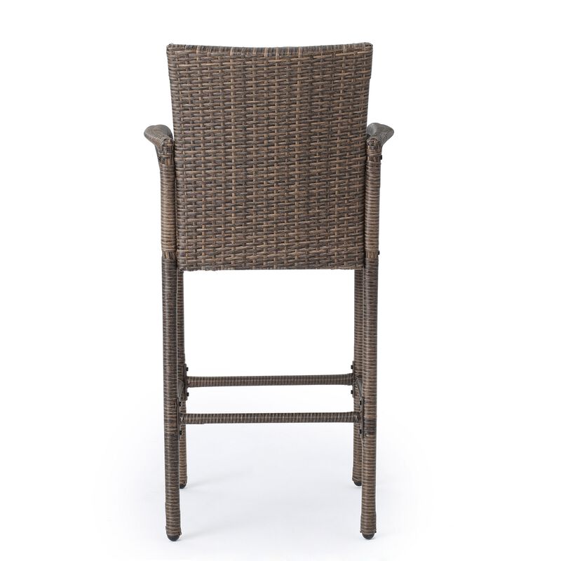 Drip Outdoor Barstool Chair Set of 2, Brown PE Rattan Woven and Iron - Benzara