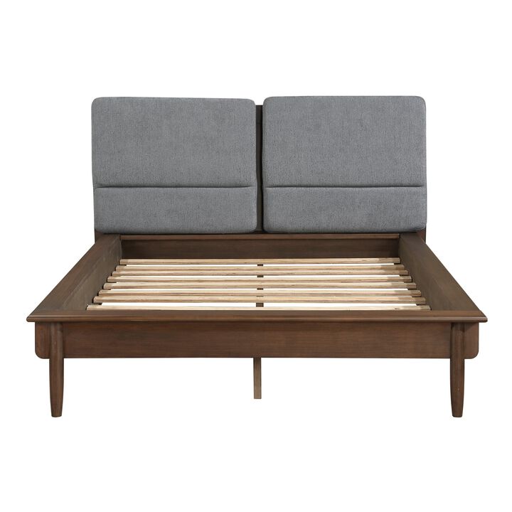 Soly Queen Size Platform Bed, Upholstered Back Panel, Brown, Dark Gray - Benzara