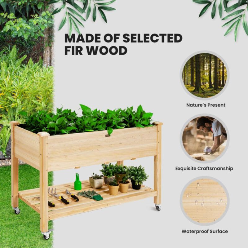 Hivvago Wood Elevated Planter Bed with Lockable Wheels Shelf and Liner