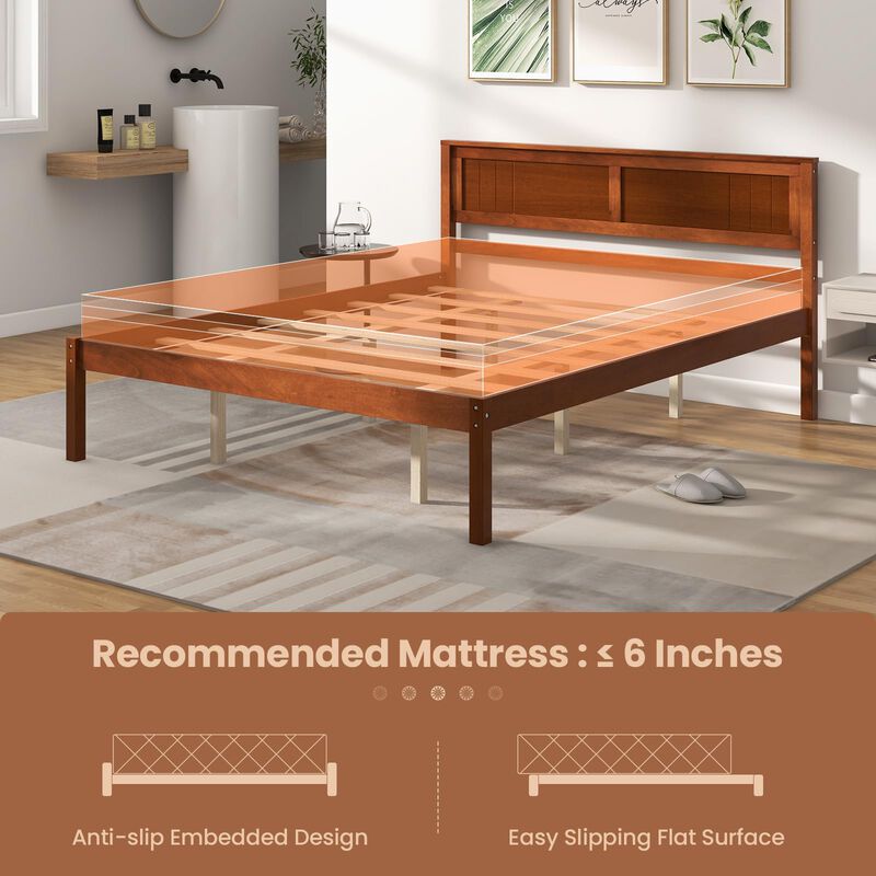 Queen Size Bed Frame with Wooden Headboard and Slat Support-Queen Size
