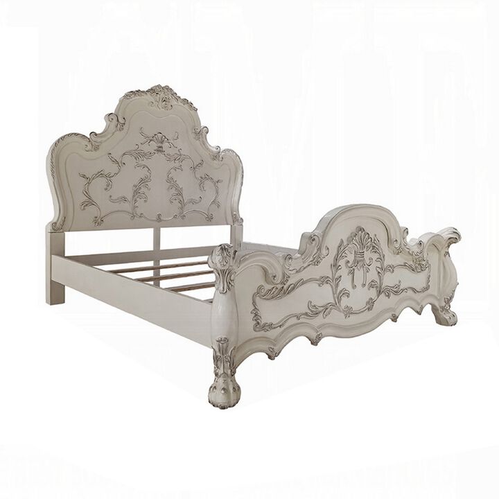 Ally California King Bed, Decorative Carved Inlay, Bone White Wood - Benzara