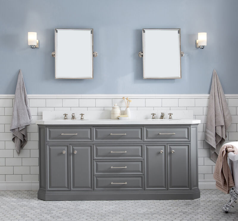 Palace 72 In. Double Sink Carrara Quartz Countertop Bath Vanity in Cashmere Grey with Polished Nickel (PVD) Hardware