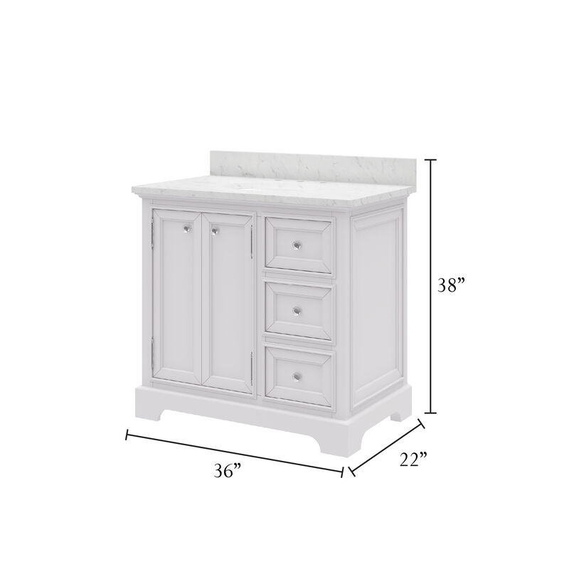 Derby 36 In. Single Sink Carrara White Marble Countertop Bath Vanity In Pure White
