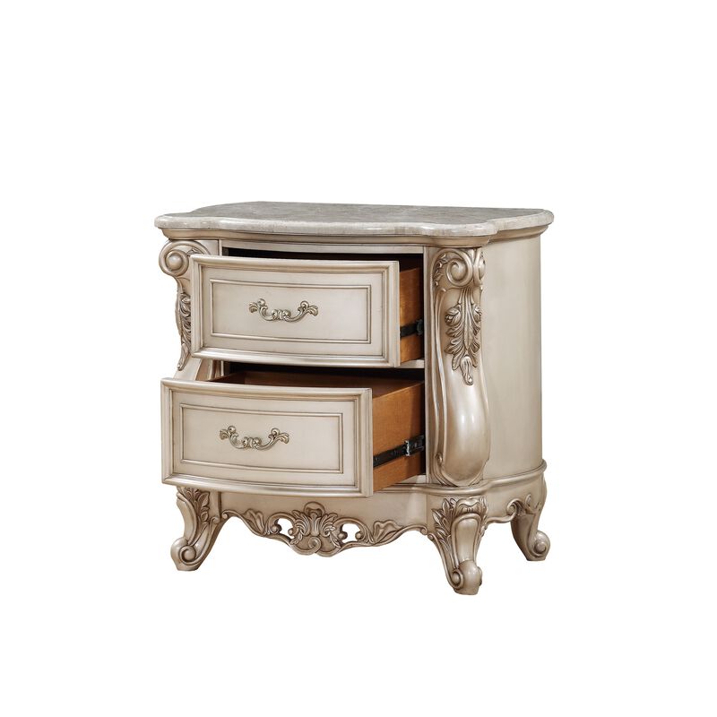 2 Drawer Nightstand With Raised Scrolled Floral Moulding, White-Benzara