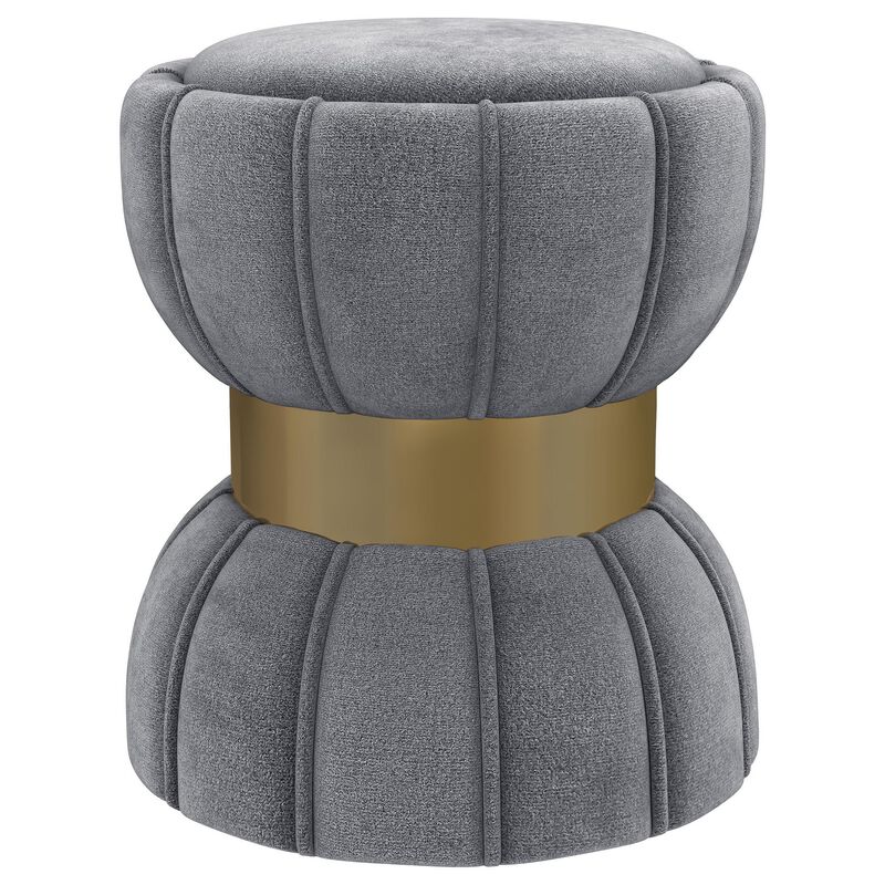 Soraya Ottoman, Tufted Gray Fabric, Round 17 Inch, Gold Metal Band - Benzara