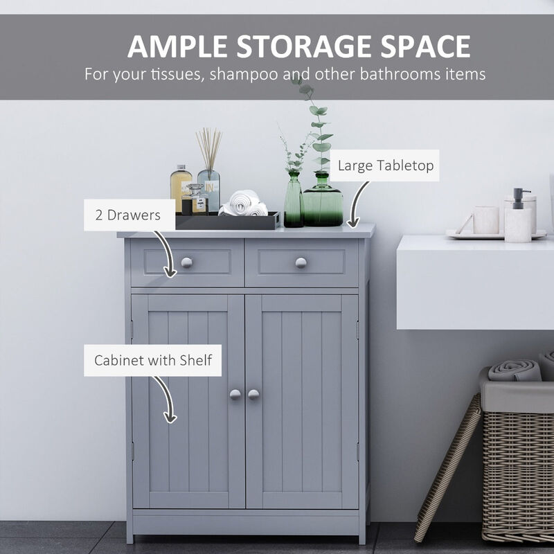Grey Bathroom Cabinet: Small Freestanding Linen Storage with Metal Knob, Elevated Base, Drawers