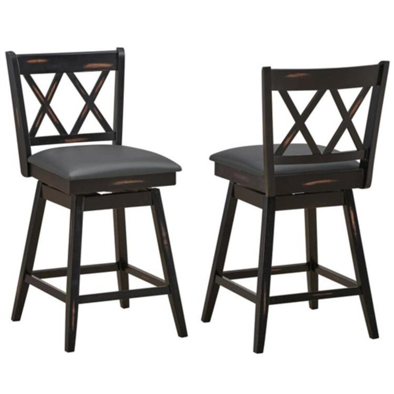 Hivvago Set of 2 Black Wood 24 in Counter Height Farmhouse Swivel Cushion Seat Barstools
