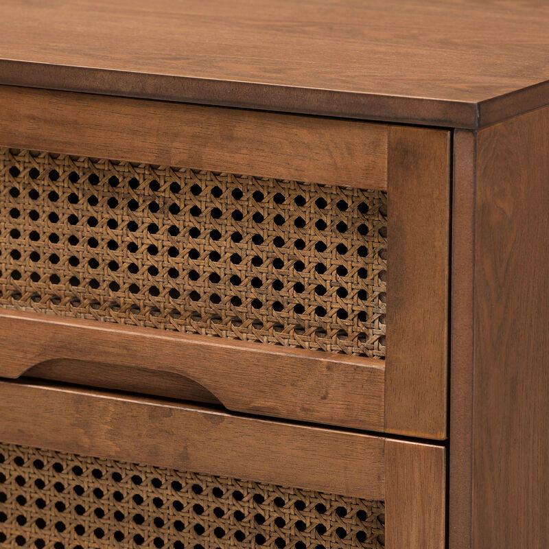 Baxton Studio Barrett Walnut Brown Finished Wood And Synthetic Rattan 2 Drawer Nightstand