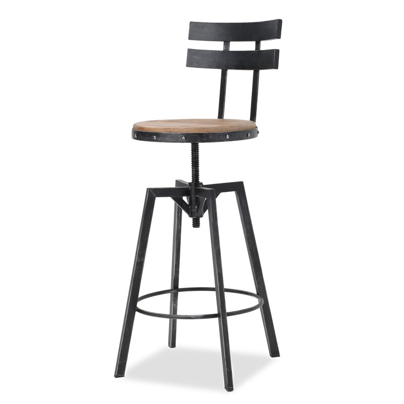 Antique Firwood and Metal Barstool with Smooth Seat Backing