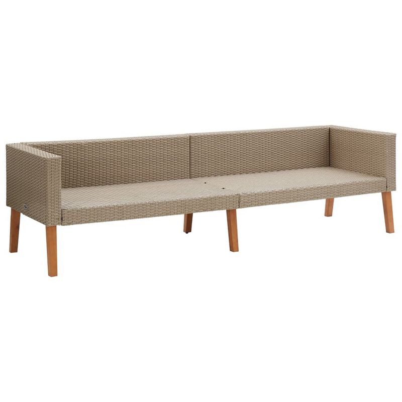 Outdoor 3 Seater Patio Sofa, 86 Inch Beige Poly Rattan, Gray Cushions - Benzara
