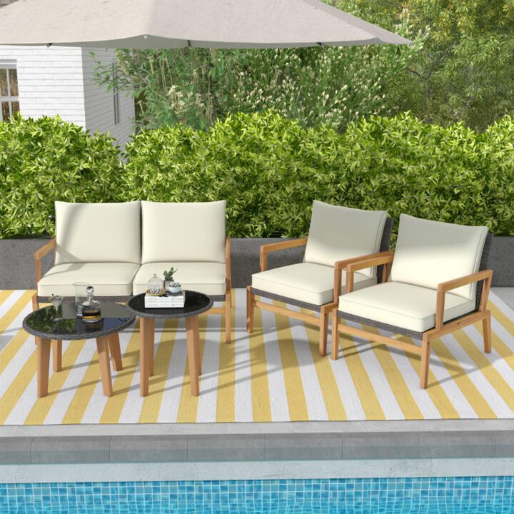 Hivvago 5 Piece Rattan Furniture Set Wicker Woven Sofa Set with 2 Tempered Glass Coffee Tables