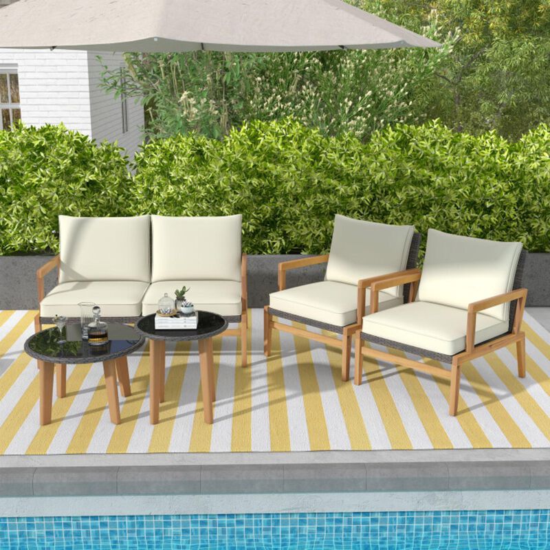 Hivvago 5 Piece Rattan Furniture Set Wicker Woven Sofa Set with 2 Tempered Glass Coffee Tables