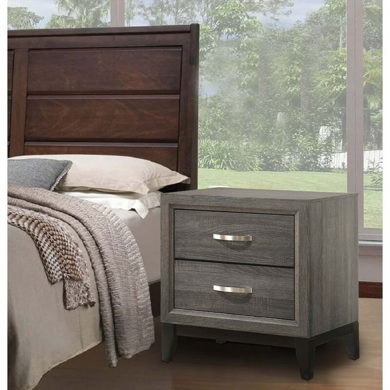 Mazie 25 Inch Modern 2 Drawer Nightstand, Metal Handle, Gray Foil Finish-Benzara