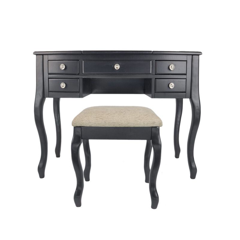 Cherub Vanity Set Featuring Stool And Mirror Black-Benzara