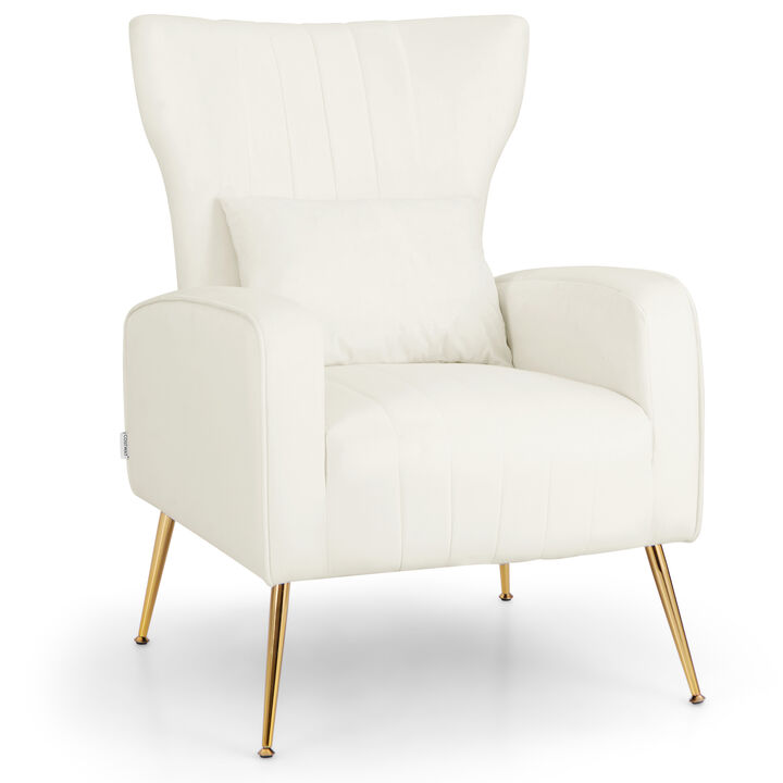Velvet Upholstered Wingback Chair with Lumbar Pillow and Golden Metal Legs