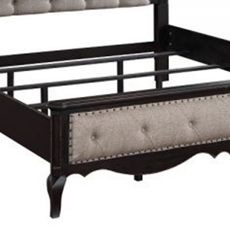 Chery King Size Bed with Button Tufted Headboard, Beige Upholstery, Black - Benzara