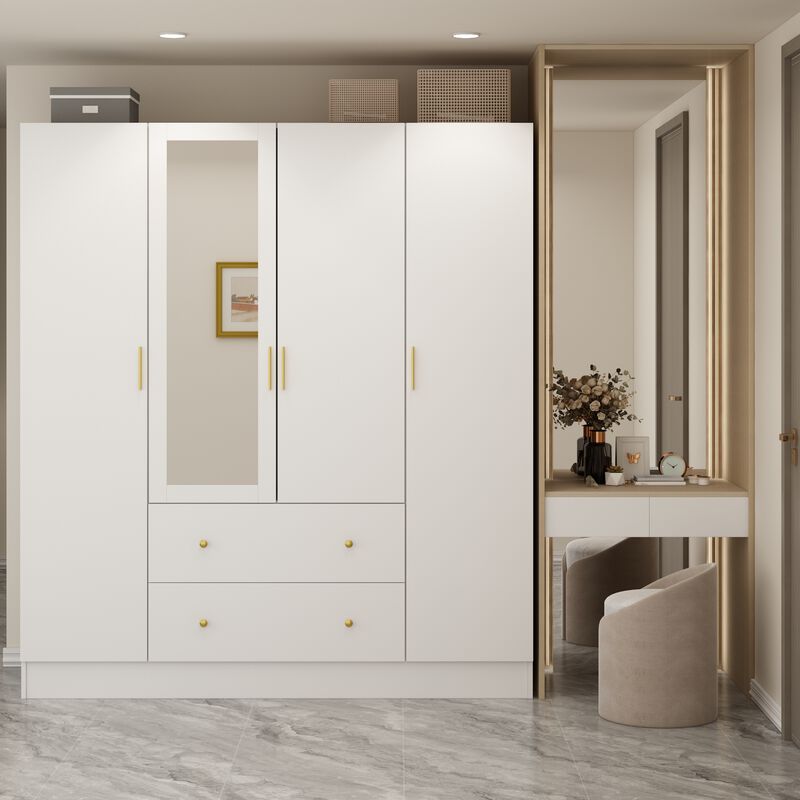 White 4-Door Armoires with Mirror, 2 Hanging Rods, 2-Drawers and Storage Shelves (19.7 in. D x 63 in. W x 70.9 in. H)