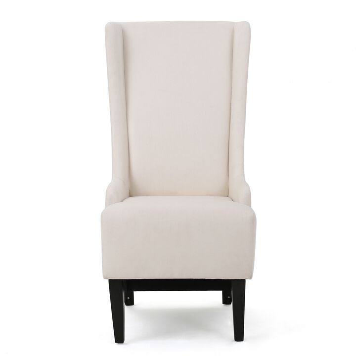 Becca Dining Chair, Beige Fabric, High Wingback, Tapered Black Legs - Benzara
