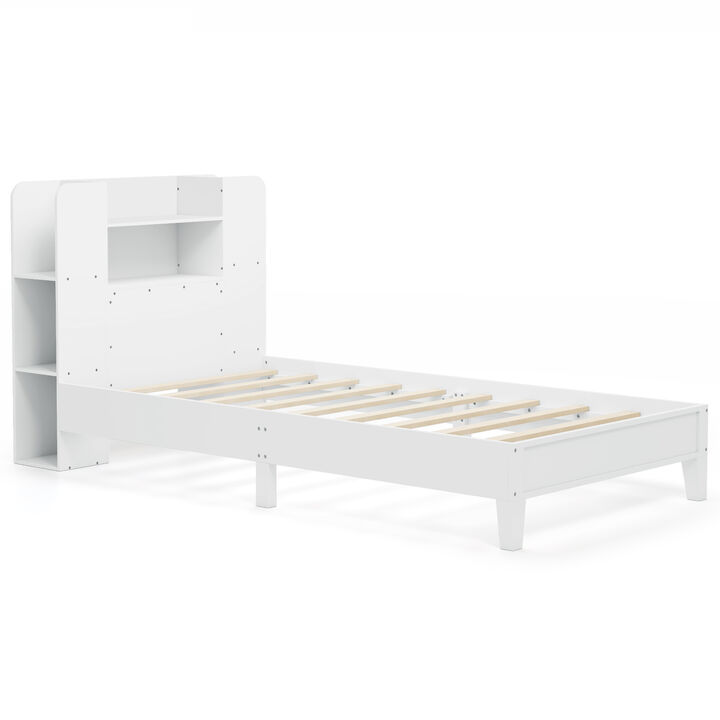 Wooden Platform Bed Frame with Bookcase Headboard